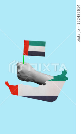 Human hand holding United Arab Emirates national flag. Concept of UAE national day celebration. Collage art Human hand holding United Arab Emirates national flag. Concept of UAE national day celebration. Collage art 132485614