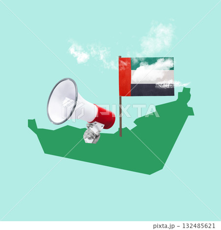 Human hand holding megaphone with United Arab Emirates national flag color. Concept of UAE national day celebration. Collage art 132485621