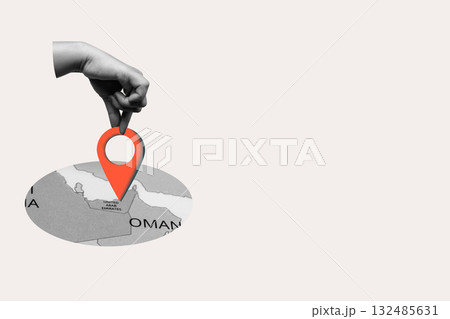Human hand put location pin on the United Arab Emirates maps. Concept of UAE national day celebration. Collage art Human hand put location pin on the United Arab Emirates maps. Concept of UAE national day celebration. Collage art 132485631