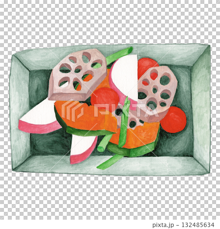 蓮藕、蘿蔔、櫻桃番茄、青豆和南瓜蒸沙拉，盛於盤中 132485634