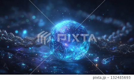 銀鎖に輝く青い結晶の宇宙球 132485693