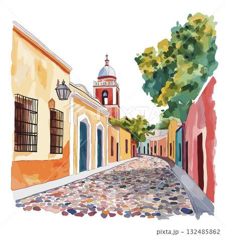 Colonia del Sacramento. Colonia del Sacramento hand drawn watercolor illustration 132485862