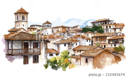 Cuenca Historic Center. Cuenca Historic Center hand drawn watercolor illustration 132485874
