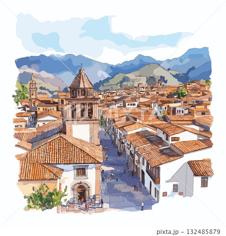 Cusco Historic Center. Cusco Historic Center hand drawn watercolor illustration Cusco Historic Center. Cusco Historic Center hand drawn watercolor illustration 132485879