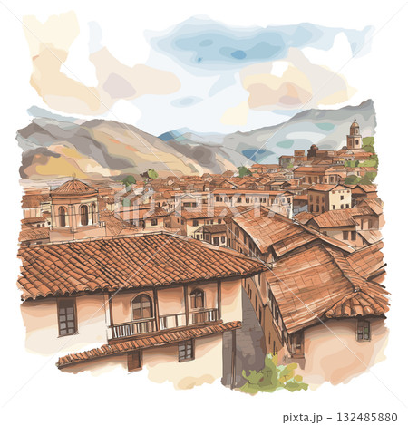 Cusco Historic Center. Cusco Historic Center hand drawn watercolor illustration Cusco Historic Center. Cusco Historic Center hand drawn watercolor illustration 132485880
