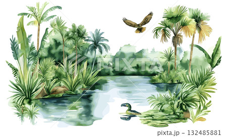 Cuyabeno Wildlife Reserve. Cuyabeno Wildlife Reserve hand drawn watercolor illustration Cuyabeno Wildlife Reserve. Cuyabeno Wildlife Reserve hand drawn watercolor illustration 132485881