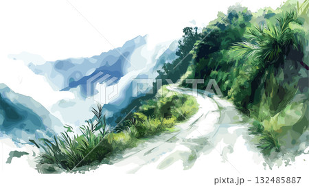 Death Road - Yungas Road. Death Road - Yungas Road hand drawn watercolor illustration Death Road - Yungas Road. Death Road - Yungas Road hand drawn watercolor illustration 132485887