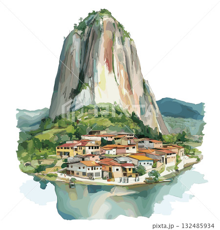 Guatape and El Penol Rock. Guatape and El Penol Rock hand drawn watercolor illustration Guatape and El Penol Rock. Guatape and El Penol Rock hand drawn watercolor illustration 132485934