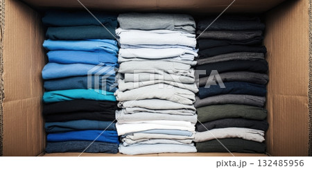 Stacked folded clothes in cardboard box for donation 132485956