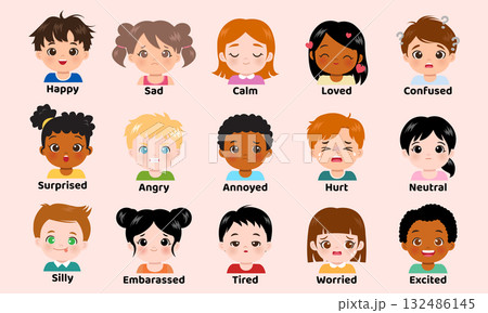 Cute diverse children feelings and emotion chart for classroom 132486145