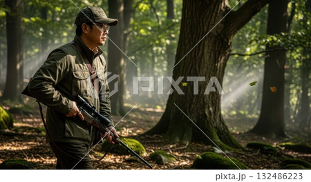 森の中で獲物を探すハンター（ライフル） 132486223