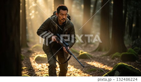 獲物を追って森の中を慎重に歩くハンター 132486224