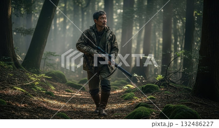 迷彩服を着てライフルを持つハンター（森林） 132486227