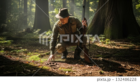 獣の足跡を調べるマタギ（熊） 132486228