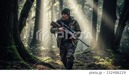 ライフルを手に森林探索する猟師 132486229