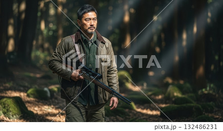 森の中でライフルを持つベテラン猟師 132486231