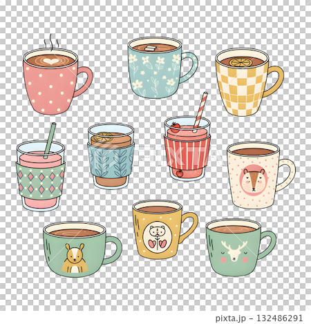 Collection of different modern cups decorated with design elements. Set of colored mugs filling by beverages isolated. Illustration design. Collection of different modern cups decorated with design elements. Set of colored mugs filling by beverages isolated. Illustration design. 132486291