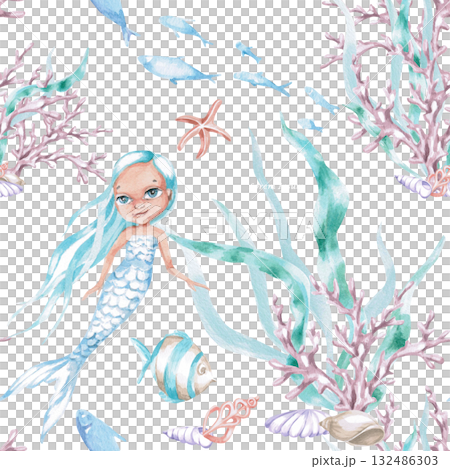 A seamless pattern featuring a mermaid in an underwater world. Watercolor illustration in a childish style for designing children's rooms, pools, play areas, and for printing on clothing. A seamless pattern featuring a mermaid in an underwater world. Watercolor illustration in a childish style for designing children's rooms, pools, play areas, and for printing on clothing. 132486303