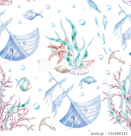 A seamless pattern featuring a sunken ship. Watercolor illustration in a childish style for the design of children's rooms, pools, play areas, and for printing on clothing, fabric, and packaging. A seamless pattern featuring a sunken ship. Watercolor illustration in a childish style for the design of children's rooms, pools, play areas, and for printing on clothing, fabric, and packaging. 132486325