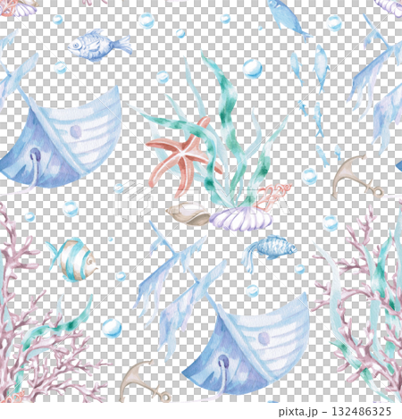 A seamless pattern featuring a sunken ship. Watercolor illustration in a childish style for the design of children's rooms, pools, play areas, and for printing on clothing, fabric, and packaging. A seamless pattern featuring a sunken ship. Watercolor illustration in a childish style for the design of children's rooms, pools, play areas, and for printing on clothing, fabric, and packaging. 132486325
