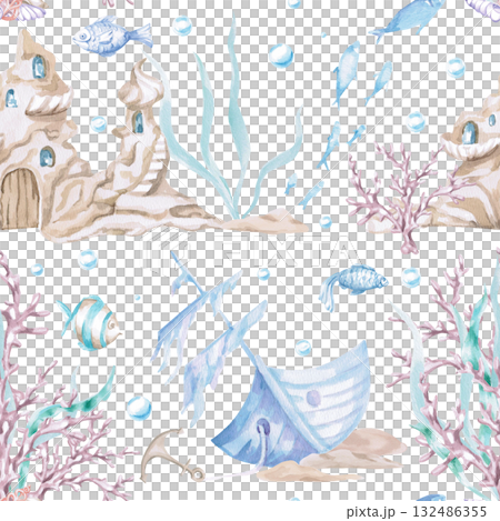 A seamless pattern featuring a fairytale underwater castle and ship. Watercolor illustration in a childish style for designing children's rooms, pools, play areas, and for printing on clothing. A seamless pattern featuring a fairytale underwater castle and ship. Watercolor illustration in a childish style for designing children's rooms, pools, play areas, and for printing on clothing. 132486355