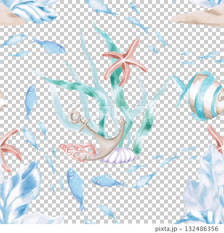 A seamless pattern featuring stylized sea creatures. Watercolor illustrations in a childish style for the design of children's rooms, pools, play areas, and for printing on clothing, fabric. 132486356