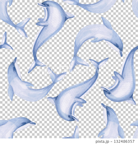A seamless pattern with stylized dolphins. Watercolor illustration in a children's style for the design of children's rooms, pools, play areas, and for printing on clothing, fabric, and packaging. 132486357