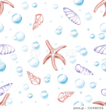 A seamless pattern with stylized shells, starfish, and bubbles. Watercolor illustration in a childish style for designing children's rooms, pools, play areas, and printing on clothing, fabric. 132486358