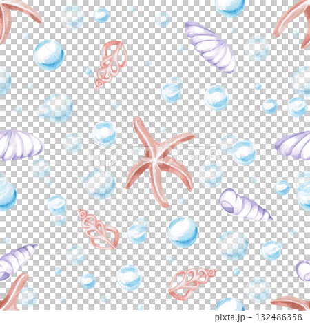 A seamless pattern with stylized shells, starfish, and bubbles. Watercolor illustration in a childish style for designing children's rooms, pools, play areas, and printing on clothing, fabric. 132486358