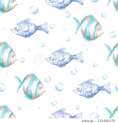 A seamless pattern with stylized fish and bubbles. Watercolor illustration in a childish style for designing children's rooms, pools, play areas, and printing on clothing, fabric, and packaging. A seamless pattern with stylized fish and bubbles. Watercolor illustration in a childish style for designing children's rooms, pools, play areas, and printing on clothing, fabric, and packaging. 132486370
