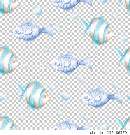 A seamless pattern with stylized fish and bubbles. Watercolor illustration in a childish style for designing children's rooms, pools, play areas, and printing on clothing, fabric, and packaging. A seamless pattern with stylized fish and bubbles. Watercolor illustration in a childish style for designing children's rooms, pools, play areas, and printing on clothing, fabric, and packaging. 132486370