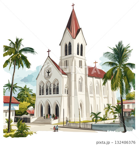 Georgetown St. Georges Cathedral. Georgetown St. Georges Cathedral hand drawn watercolor illustration 132486376