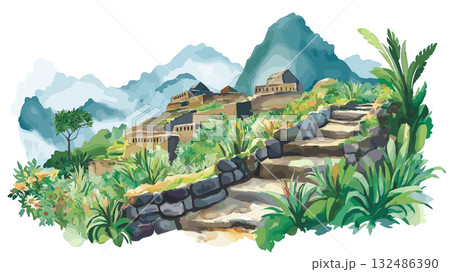 Choquequirao. Choquequirao hand drawn watercolor illustration 132486390