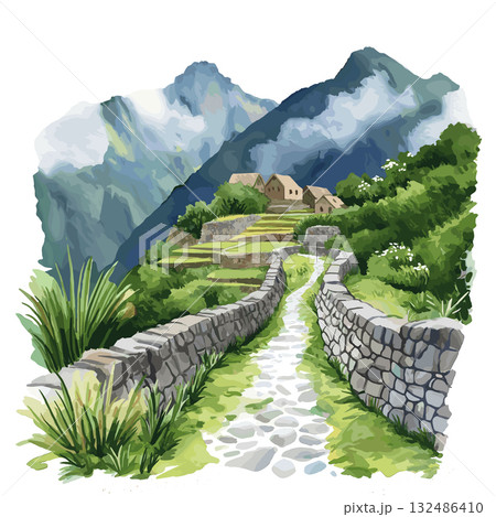 Inca Trail. Inca Trail hand drawn watercolor illustration 132486410