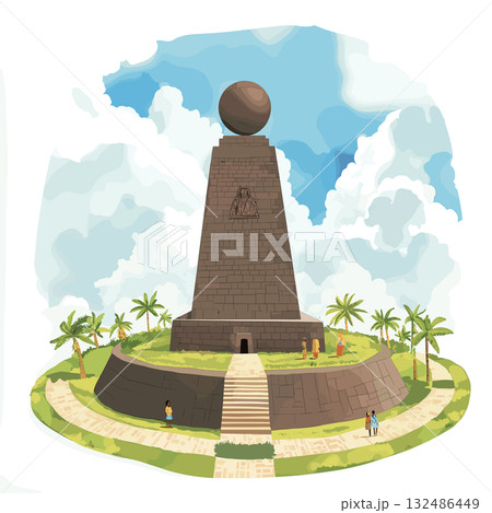La Mitad del Mundo - Equator Monument. La Mitad del Mundo - Equator Monument hand drawn watercolor illustration 132486449