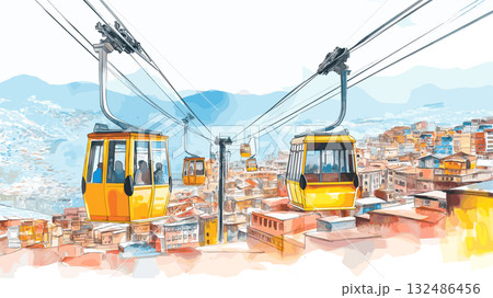 La Paz Cable Cars and Witches Market. La Paz Cable Cars and Witches Market hand drawn watercolor illustration La Paz Cable Cars and Witches Market. La Paz Cable Cars and Witches Market hand drawn watercolor illustration 132486456