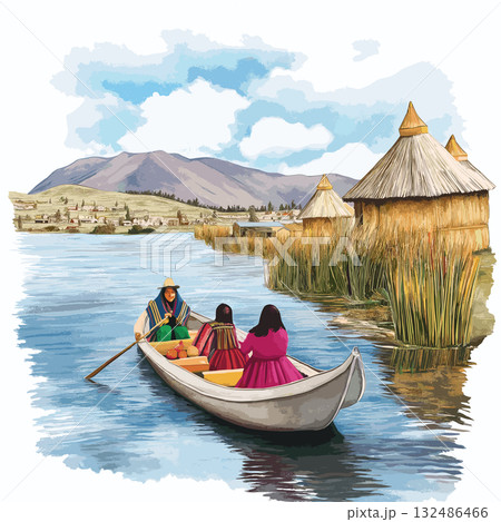 Lake Titicaca. Lake Titicaca hand drawn watercolor illustration 132486466