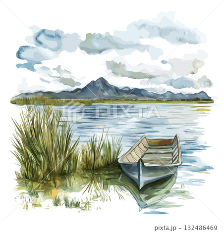 Lake Titicaca. Lake Titicaca hand drawn watercolor illustration 132486469