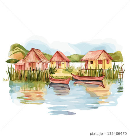 Lake Titicaca. Lake Titicaca hand drawn watercolor illustration 132486470