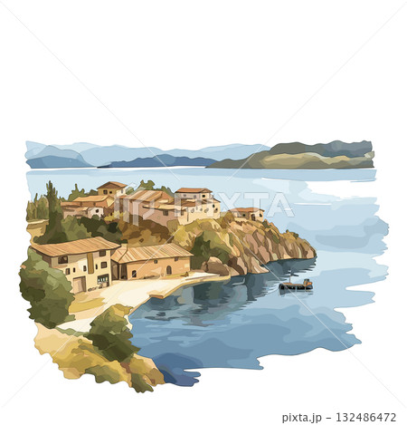 Lake Titicaca Isla del Sol. Lake Titicaca Isla del Sol hand drawn watercolor illustration 132486472