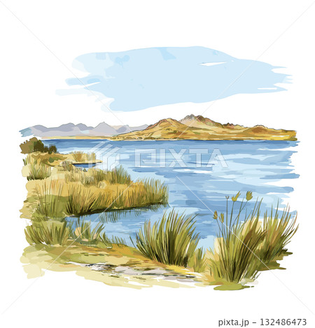 Lake Titicaca - Puno. Lake Titicaca - Puno hand drawn watercolor illustration 132486473