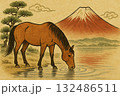 和風イラスト、赤富士と馬 132486511