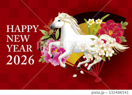 白馬と牡丹と桜と水仙と南天と扇の年賀状 132486541