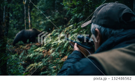 熊と対峙する猟師（ライフル・後ろ姿） 132486562