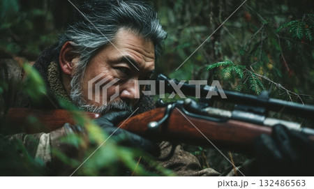 茂みに隠れて銃を構えるハンター（横顔） 132486563