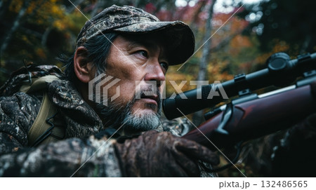 獲物を狙うベテラン猟師の横顔（クローズアップ） 132486565