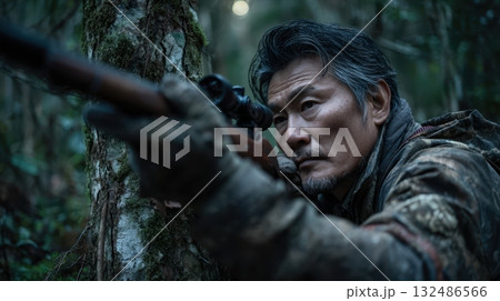 木の陰からライフルを構えるベテランハンター 132486566
