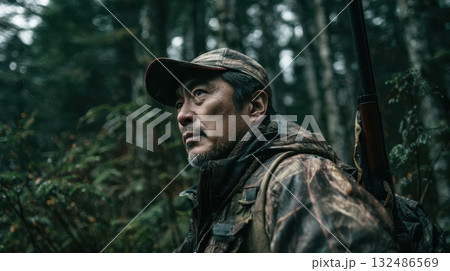 獲物の気配を探るベテランハンター 132486569