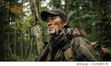 ライフルを背負う猟師（秋の森） 132486570