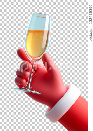 Festive 3d cartoon santa's hand holding champagne flute with bubbles, isolated on transparent background for christmas, new year and celebration concepts Festive 3d cartoon santa's hand holding champagne flute with bubbles, isolated on transparent background for christmas, new year and celebration concepts 132486596